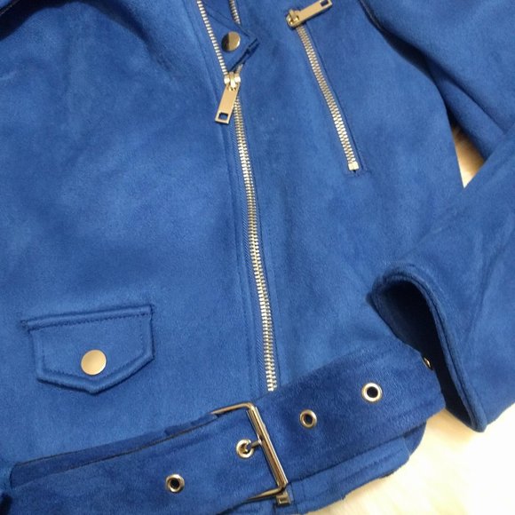 Vibrant blue faux suede biker jacket - Picture 4 of 4